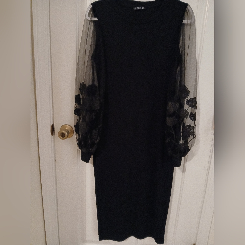 SHEIN Black Midi Dress with Sheer Floral Sleeves Size M